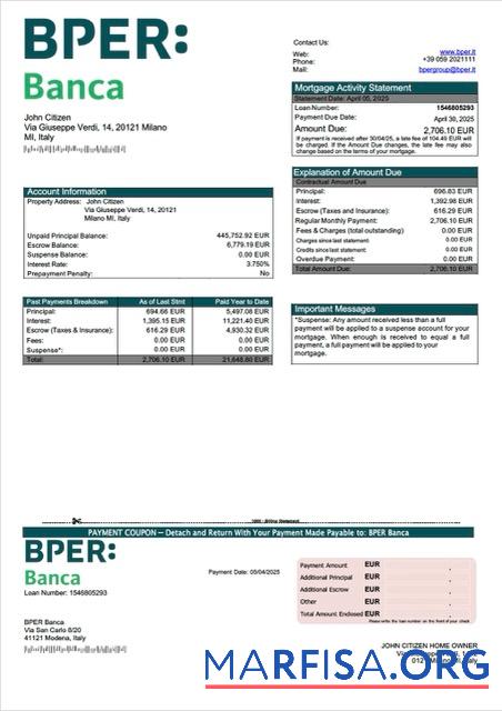 Realistic Italy BPER Banca mortgage statement Word and PDF template